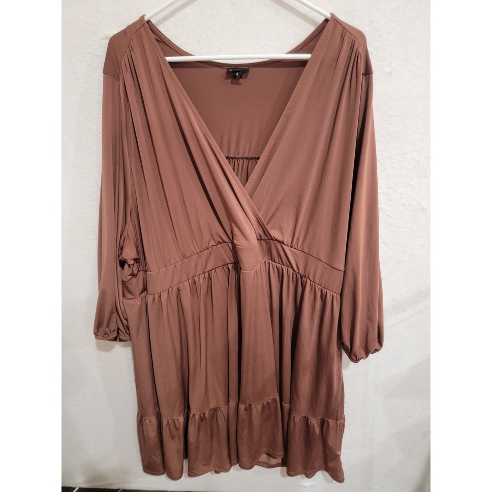 Torrid Plus Size 4 Brown Tiered Babydoll Dress V-Neck Long Sleeve Stretch Mini